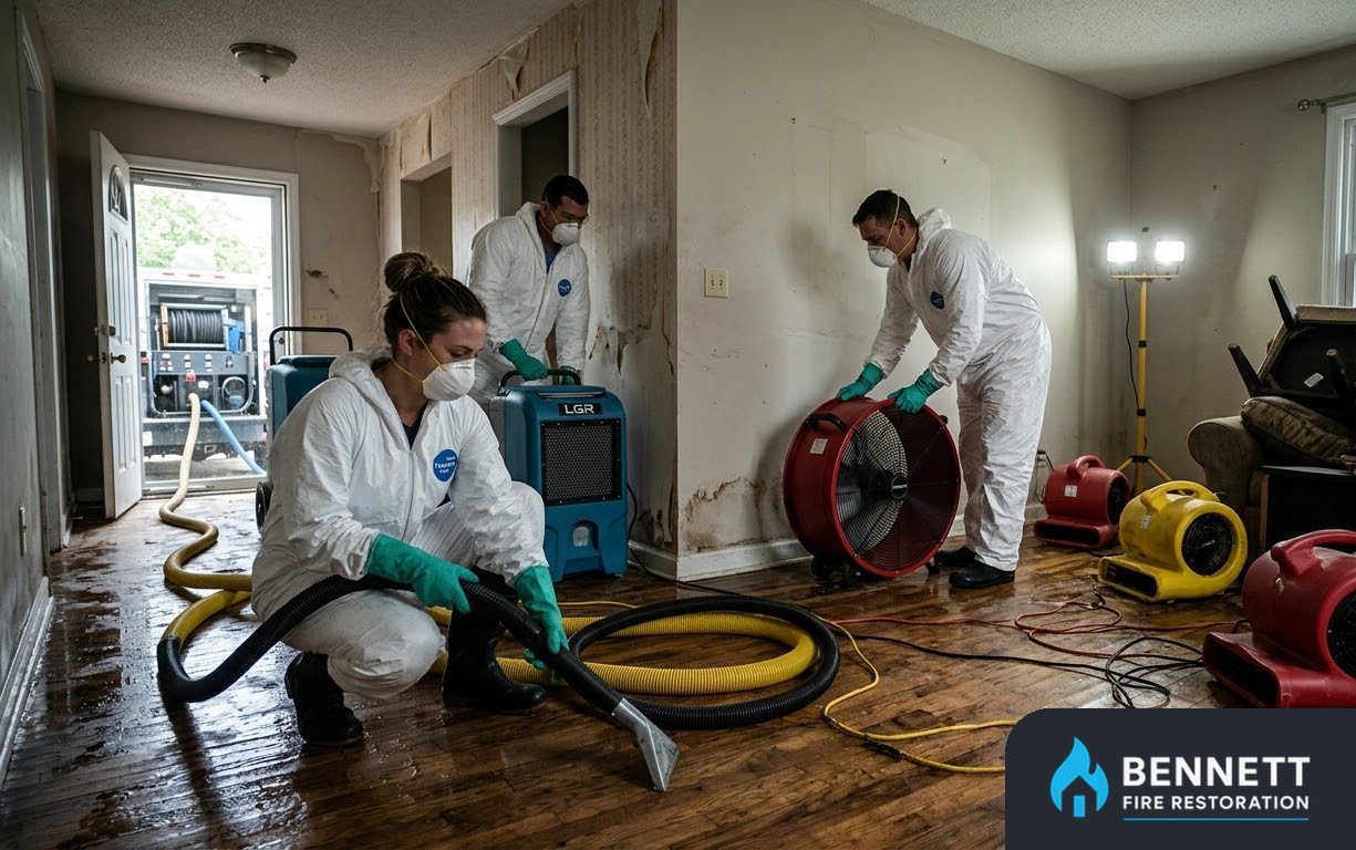 Technicians in protective suits extracting water from a hallway floor with air movers – Fire Damage Contents Cleaning in Miami