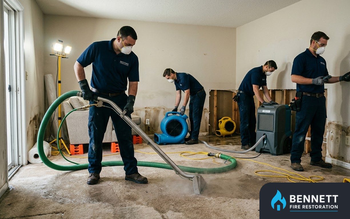 Restoration crew vacuuming water from a concrete floor beside a dehumidifier – Fire Damage Assessment in Miami