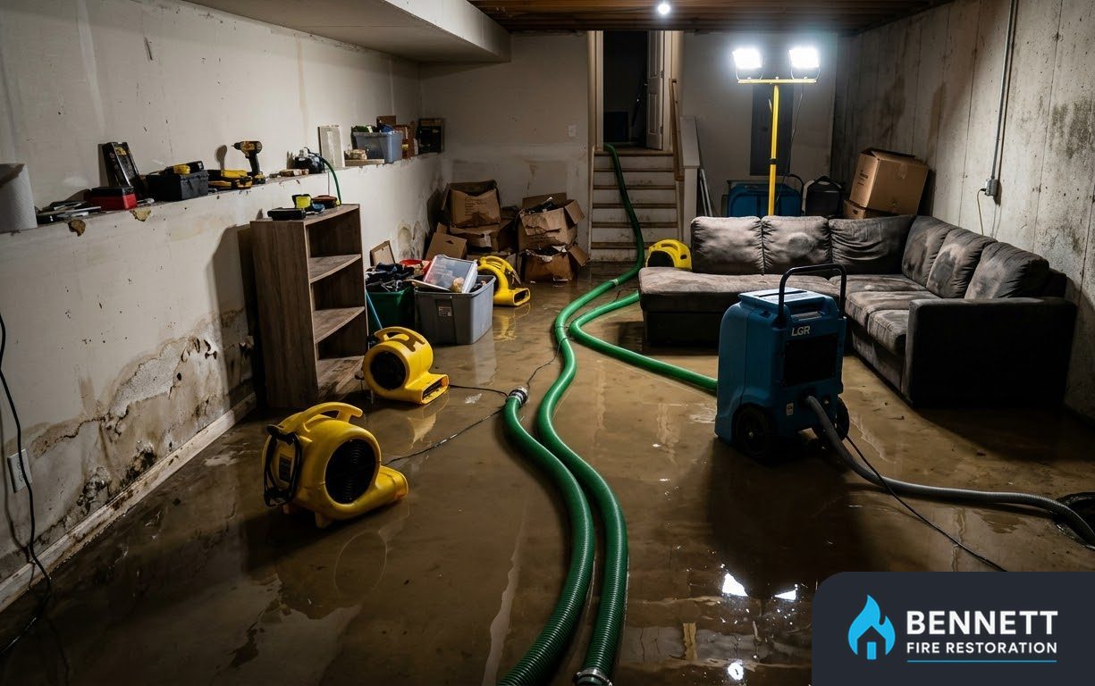 Flooded basement with air movers, a dehumidifier and an extraction hose – Emergency Board-Up After Fire in Miami