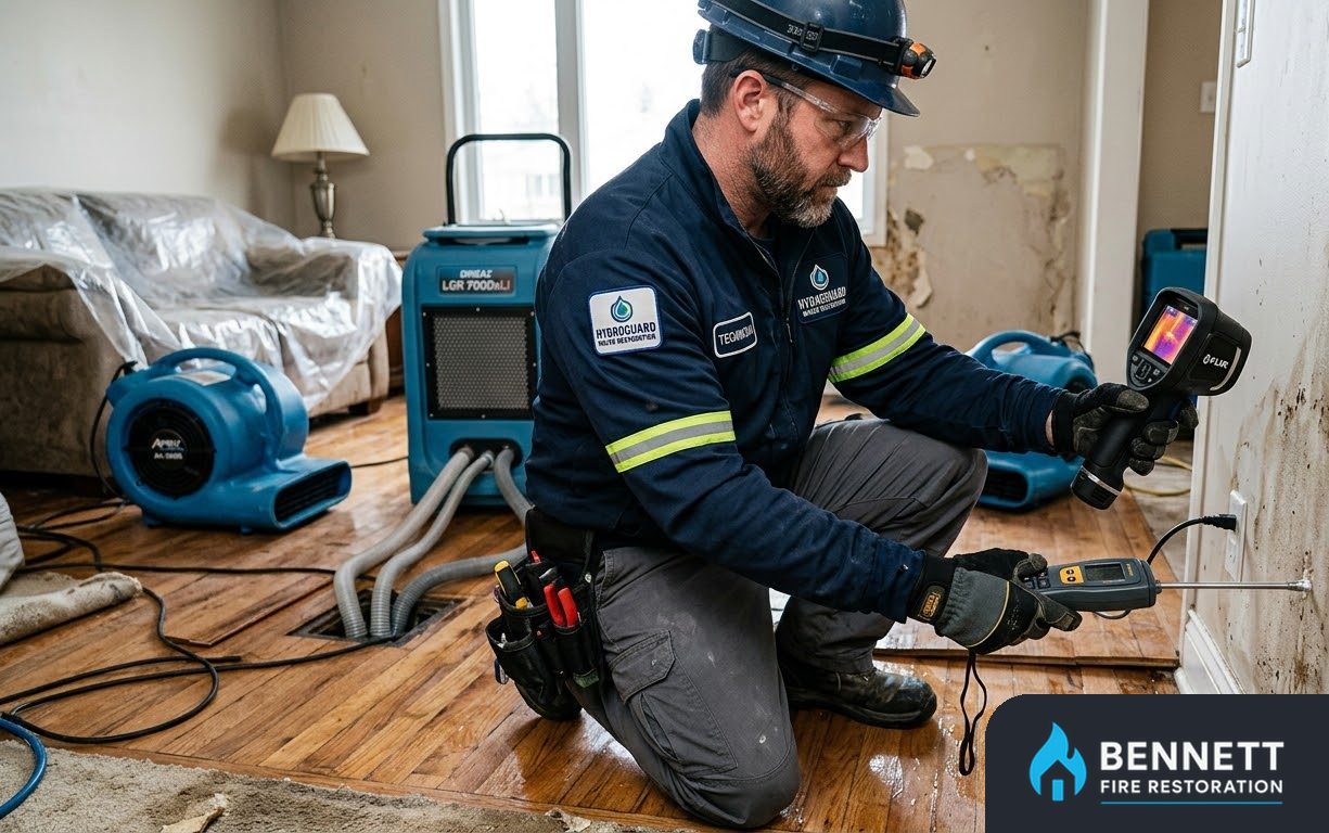 Technician using a thermal imaging camera beside air movers in a living room – Miami's Fire & Smoke Damage Restoration Team