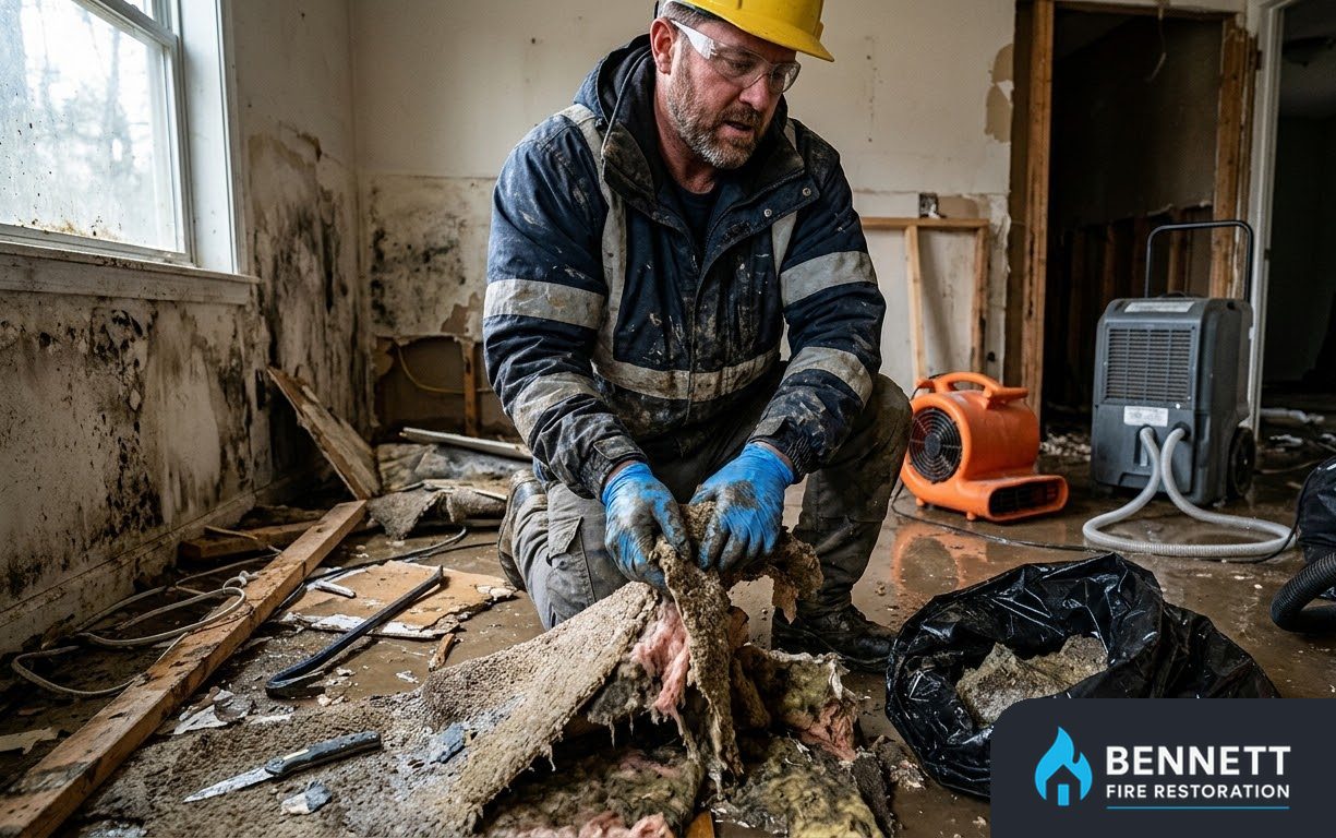 Worker in a hard hat removing wet insulation and debris from a gutted room – Accessibility Statement