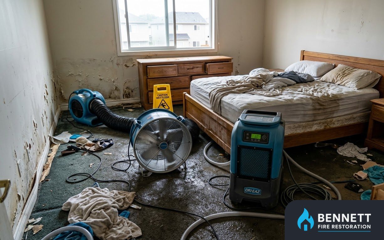 Bedroom with stained walls being dried by air movers and a dehumidifier – Miami's Fire & Smoke Damage Restoration Team