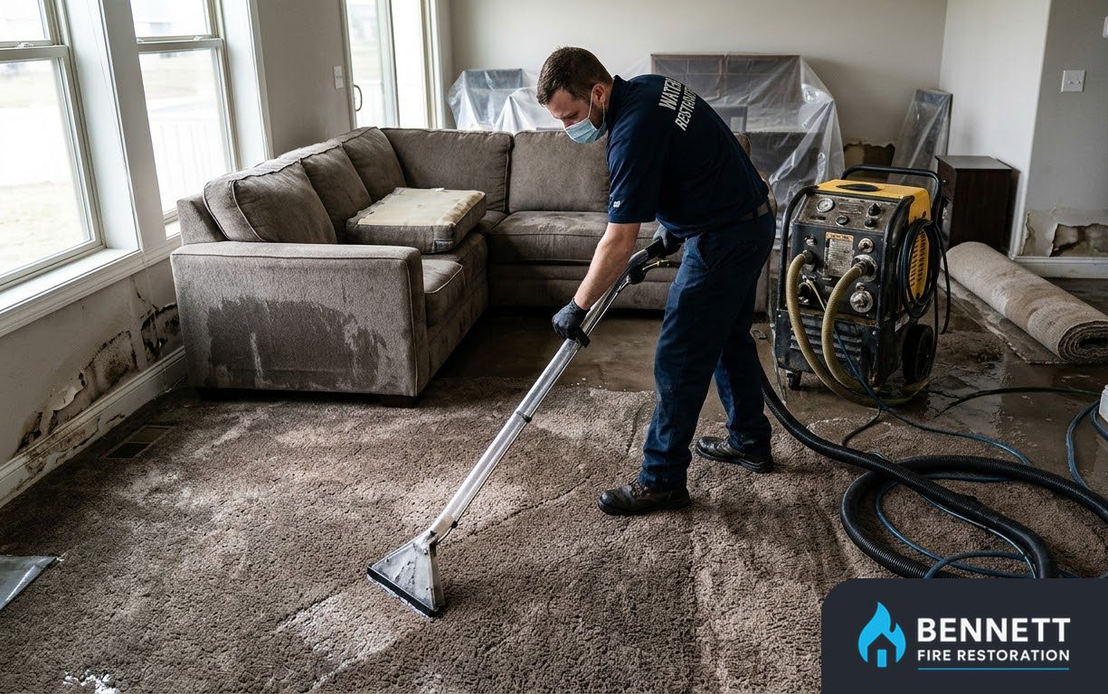 Technician extracting water from a living room carpet – Fire Damage Repair & Rebuild in Miami
