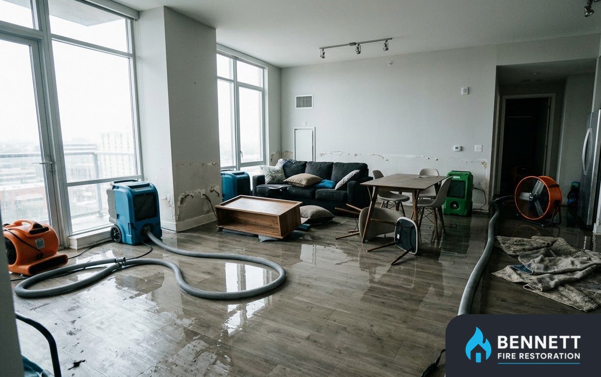 Open-plan living area with air movers drying a wet floor – Contact Us