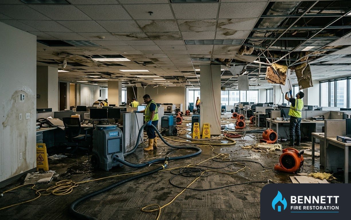 Office with collapsed ceiling tiles, wet floors and drying equipment – Our Fire & Smoke Damage Restoration Services