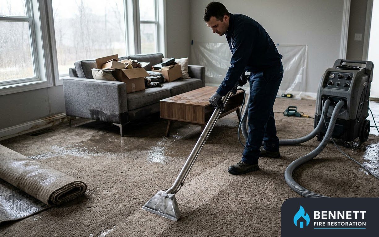 Technician cleaning a living room carpet with a portable extractor – Service Areas