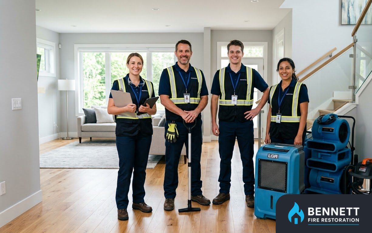 Four-person restoration crew in hi-vis vests beside drying equipment in a home – Miami's Fire & Smoke Damage Restoration Team