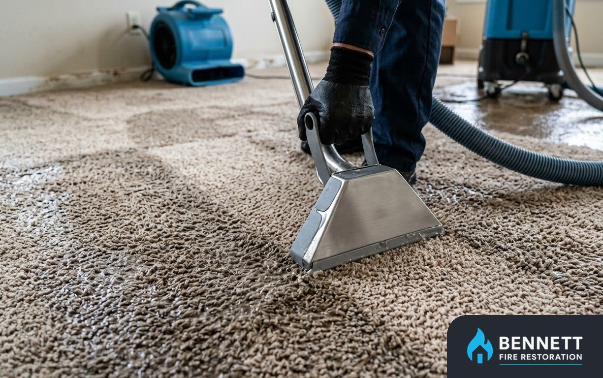 Close-up of an extraction wand pulling water from a carpet – Miami's Fire & Smoke Damage Restoration Team