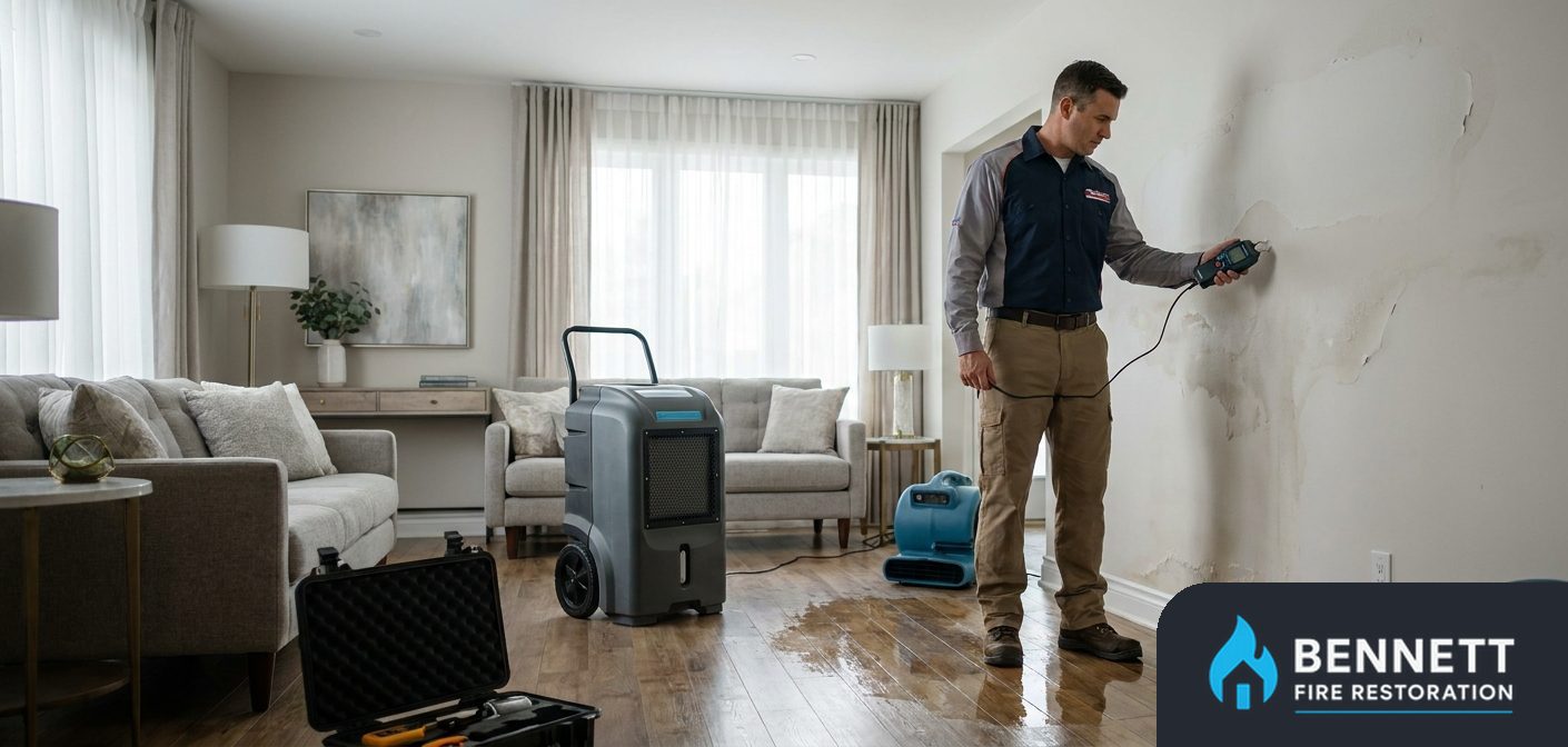 Technician checking a wall with a moisture meter next to a dehumidifier – Miami's Fire & Smoke Damage Restoration Team
