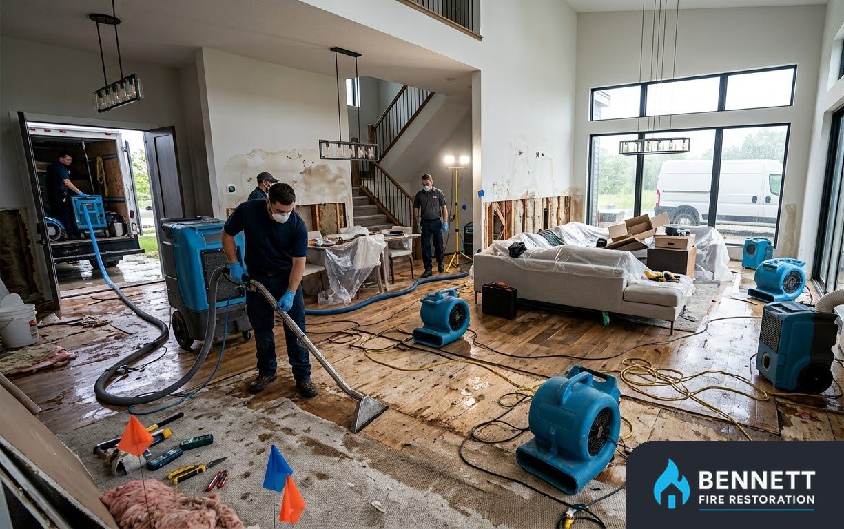 Crew extracting water from the floor of a two-storey home with air movers – Smoke Odor Removal in Miami