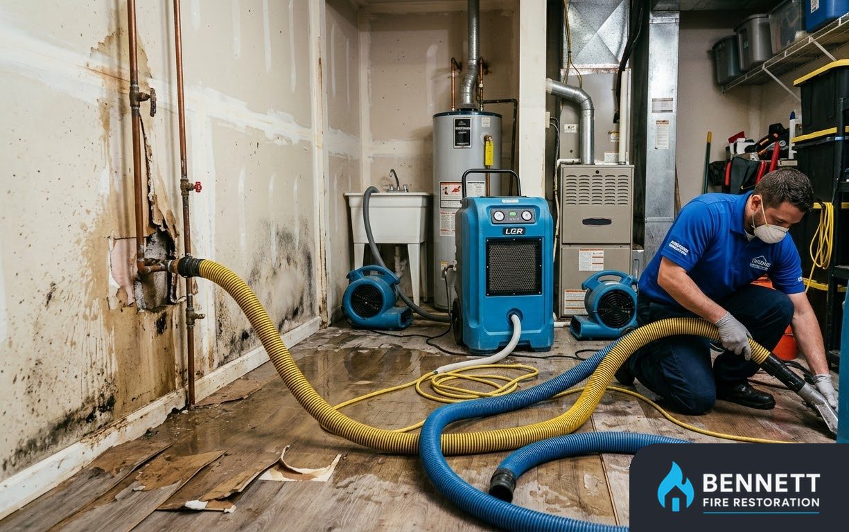 Technician extracting water in a utility room beside a water heater – Smoke & Soot Removal in Miami
