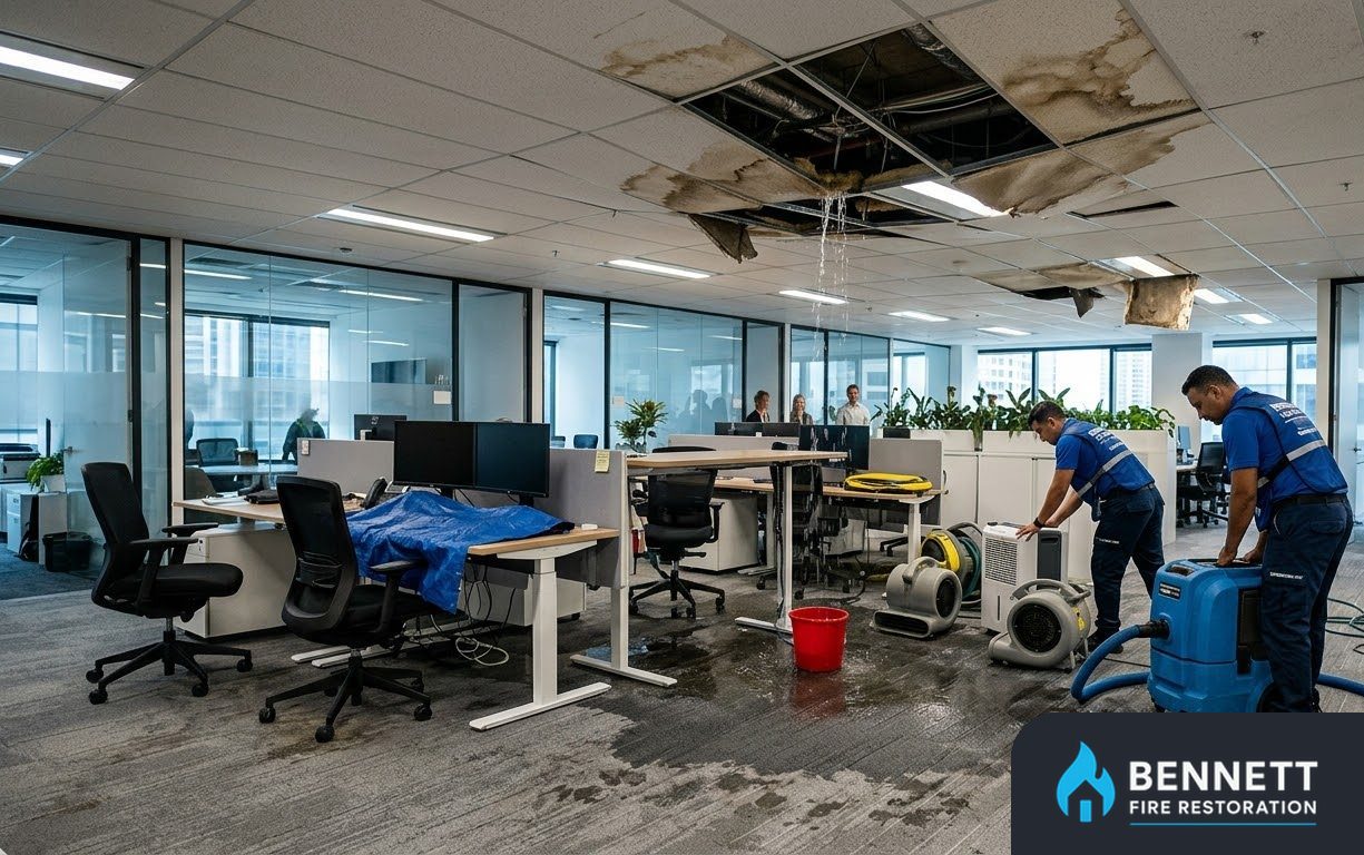 Technicians setting up drying equipment in an office with a damaged ceiling – Fire Damage Repair & Rebuild in Miami